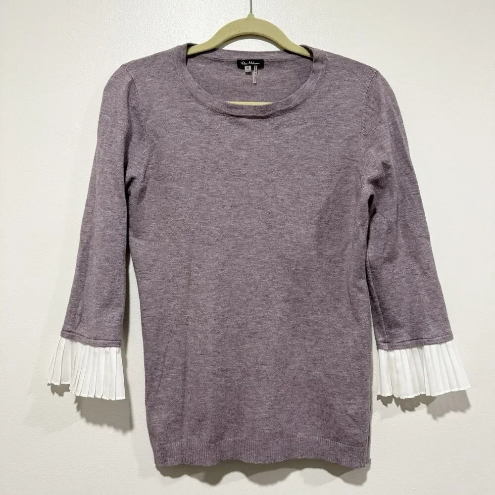 Vila Milano Purple Lavender Wool Blend Sweater White Pleated Cuffs Peasant Sz M